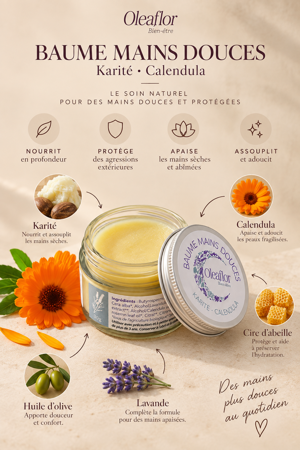 Baume Mains Douces Karité & Calendula | Oléaflor