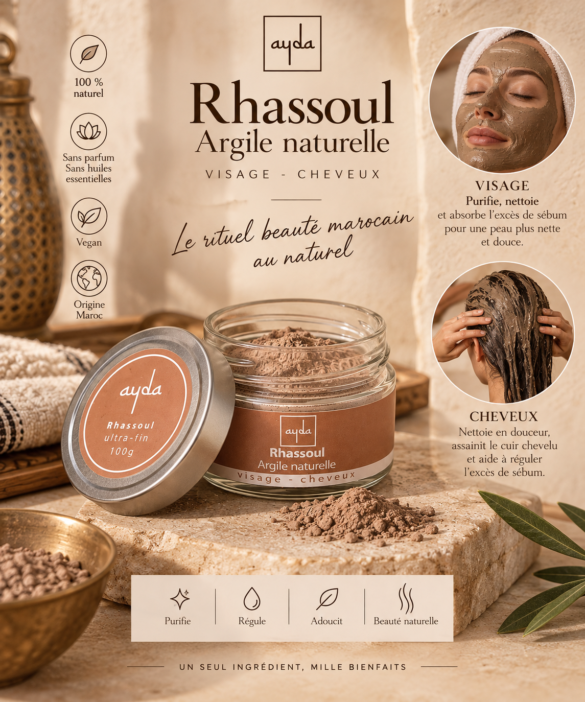 Rhassoul Ultra-Fin 100 g – Visage & Cheveux | Ayda